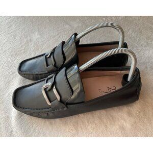 27 Edit Womens Sz 7.5 Driver Loafers Shoes Black Leather Metallic Buckle Chain F